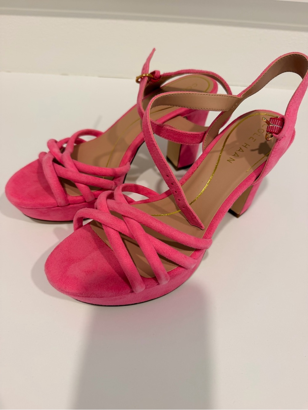 Cole Haan Pink Suede Strappy Block Heel Sandals